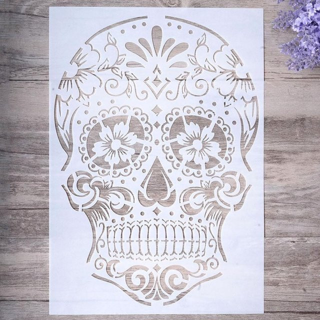 BESTAGIFTS Dekorative Totenkopf-Schablonen aus Kunststoff in Weiß, A4-Format für Bastelarbeiten, Scrapbooking und Malen auf Holz, Leinwand, Wand oder Fliesen - Bild 1