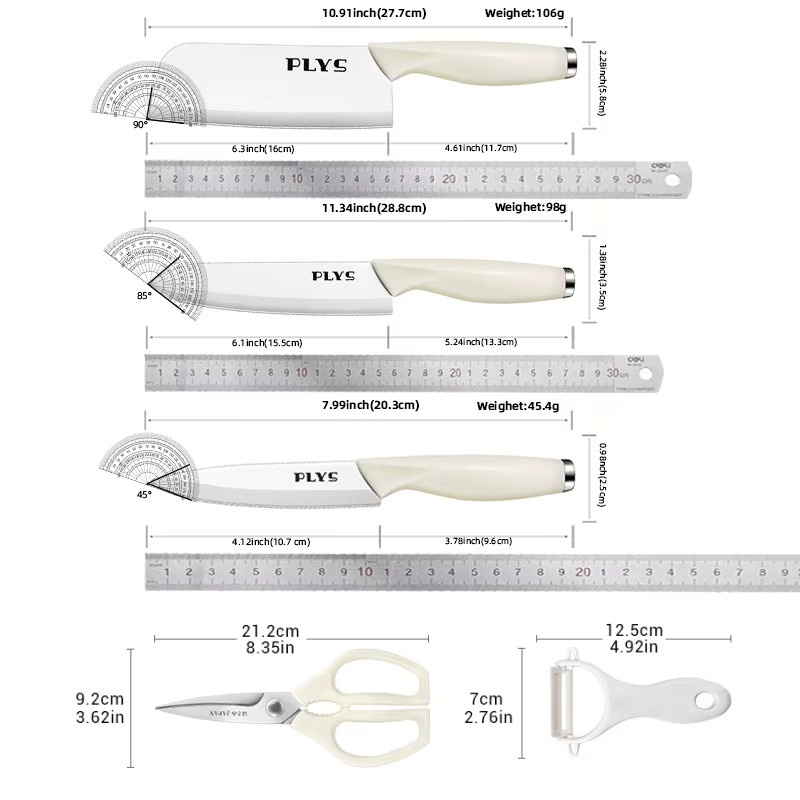 5-teiliges PLYS Küchenmesserset aus weißer Keramik mit Fleischbeil, Hackmesser, Gemüsemesser, Kochmesser und Obstmesser - Bild 2