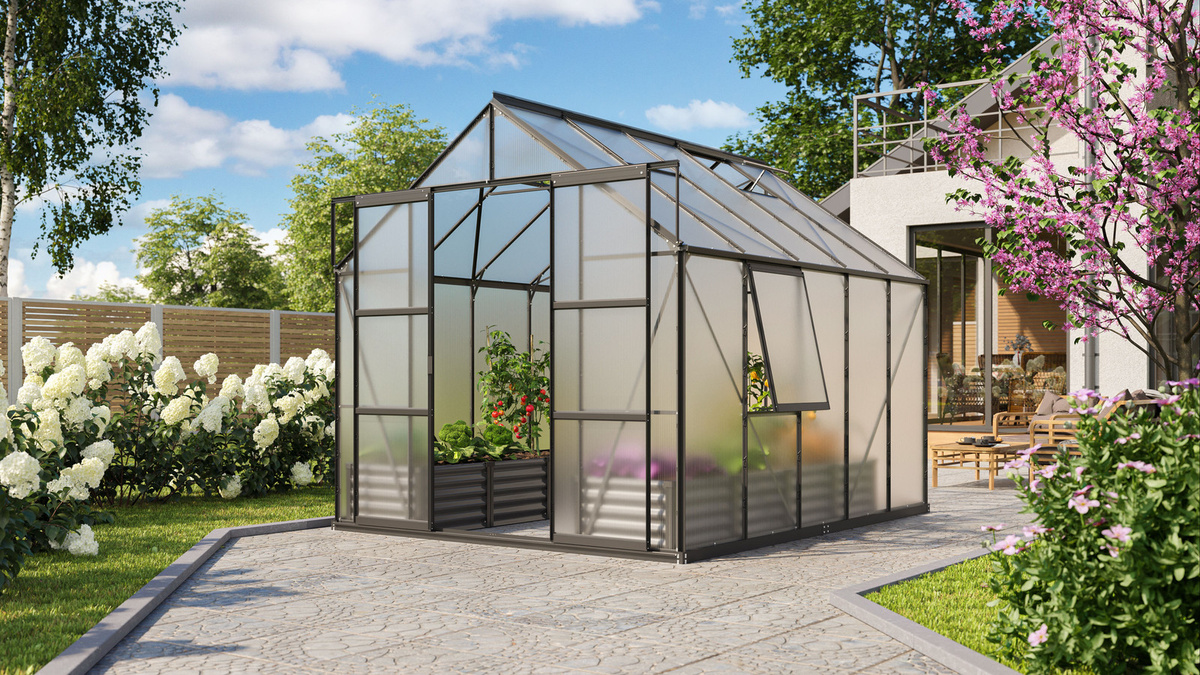 Vitavia Gewächshaus Jupiter 8300 in Schwarz mit 4 mm Polycarbonat-Platten und Doppelschiebetür - Bild 3