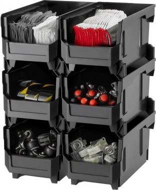 VEVOR Stapelboxen 6er-Pack Schwarz B/T/H: 37,7 x 21,5 x 18,0 cm Sichtlagerboxen zur Organisation von Kleinteilen und Bürobedarf - Bild 1