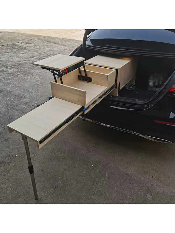Ausziehbare Werkbank und Auto-Aufbewahrungsregal als klappbarer Picknicktisch in Beige - Bild 3