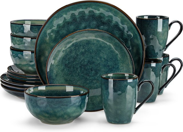 Vancasso Dinner-Set Sternenhimmel in Grün, 16-teiliges Tafelservice mit Speisetellern, Desserttellern, Schüsseln und Bechern aus Kiln-Change-Glaze - Bild 1