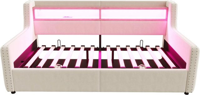 Merax Schlafsofa mit LED-Beleuchtung und USB-Ladefunktion in Beige, inkl. Stauraum und Lattenrost, B/T/H: 90 x 200 cm - Bild 1