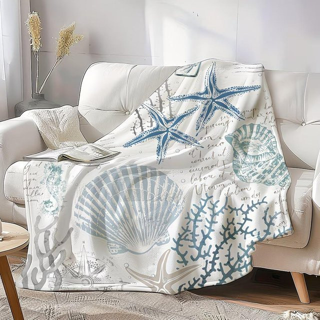 LjqFourteen Überwurfdecke aus Flanell mit nautischem Seestern- und Muschel-Design in Blau und Türkis, B x T: 130 x 150 cm - Bild 1