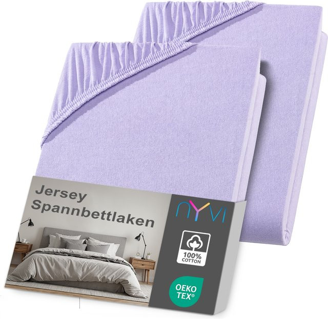 NYVI DreamScience Jersey Spannbettlaken aus 100% Baumwolle, 2er Pack, Farbe: Flieder, Größe: 180 x 200 cm, Bügelfrei mit Rundumgummizug für Matratzen bis 22 cm Höhe - Bild 1