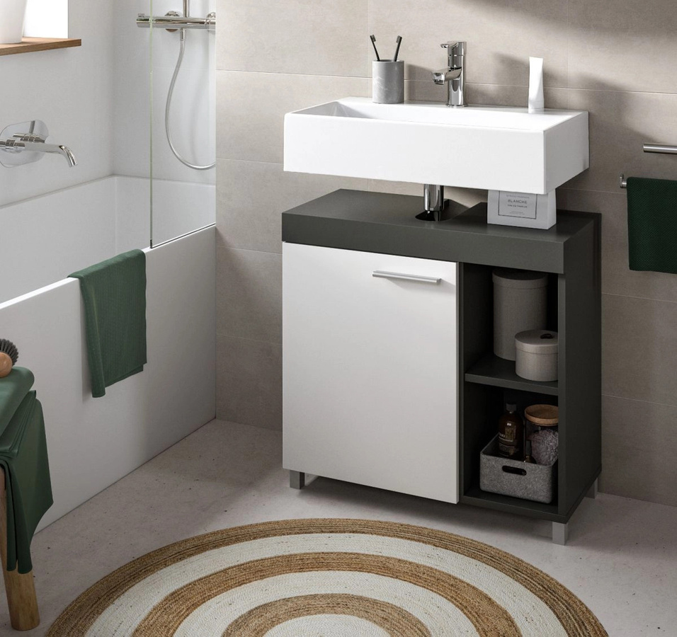 Waschbeckenunterschrank Adam modern in Grau und Weiß mit Regalfach und Türen, Breite: 65 cm - Bild 5