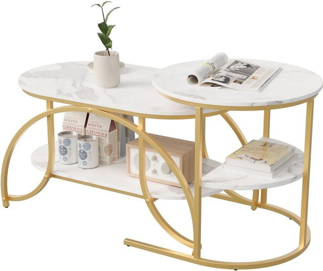 PXloue Satztisch 2er-Set Rund mit Metallrahmen in Gold und Weiß - Bild 1