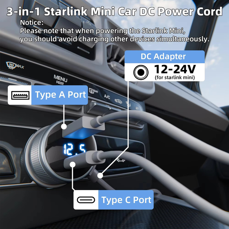 Kebidumei Autoladegerät für Starlink Mini mit 2m DC-Stromversorgung und Typ-C Eingang, Wasserdichtes Ersatzkabel mit Digitalanzeige in Schwarz - Bild 4