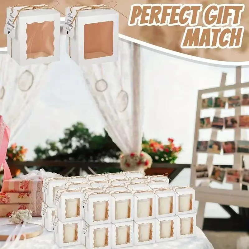 Kerzen-Geschenkboxen aus Papier mit transparentem Fenster, Etikett und Bindfaden in Weiß für Hochzeiten, Geburtstage und Partys - Bild 4