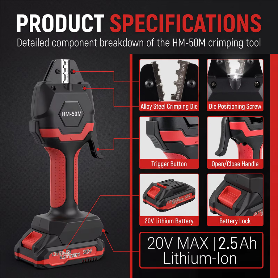 Podofo HM-50M Kabellose Lithium-Ionen-Kaltpresszange, elektrischer hydraulischer Terminal-Crimper in Schwarz - Bild 7