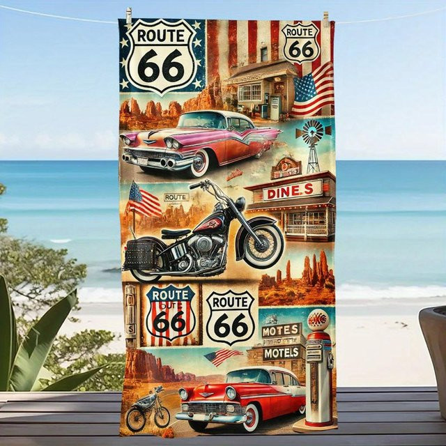 Route 66 Retro Strandtuch von JMG Household Supplies, schnelltrocknendes Mikrofaser Handtuch in Multicolour, Breite: 40 cm, Länge: 60 cm - Bild 1