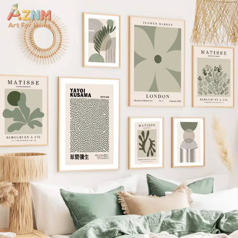 AZNM Leinwand-Wandkunstdruck Sage Green Matisse Yayoi Kusama Boho abstrakte Blumenmarkt geometrische Linienkunst ungerahmt - Bild 2