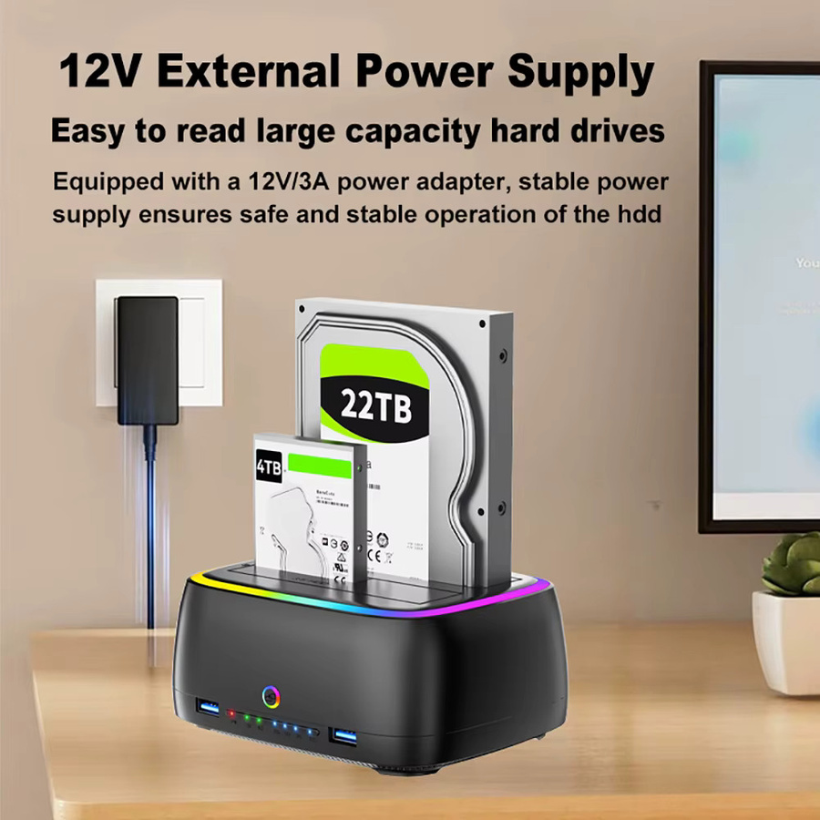 Kebidu USB 3.0 Dual-Bay HDD-Dockingstation mit One Click Offline Copy und RGB-Lichteffekt für 2,5 und 3,5 Zoll HDD/SSD, Schwarz/Multicolor - Bild 5