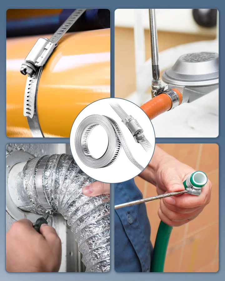 Schlauchschellen-Sortiment-Kit aus 304 Edelstahl in Silber mit 30 m zuschneidbarem Metallband und 12 verstärkten Befestigungselementen mit verstellbarem Schneckengetriebe - Bild 8