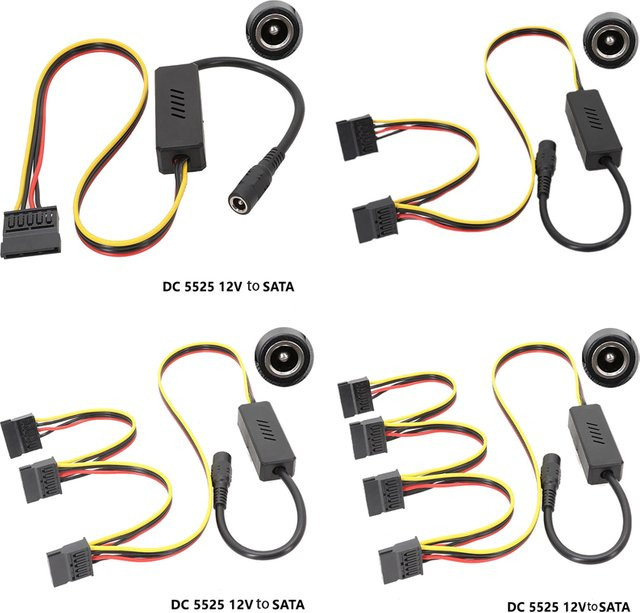 OULLX DC-zu-SATA-Konverterkabel Schwarz, 5,5 x 2,5 mm DC5525 auf 4-Port SATA-Splitter für HDD-Netzteil-Anschluss, 12 V - Bild 1