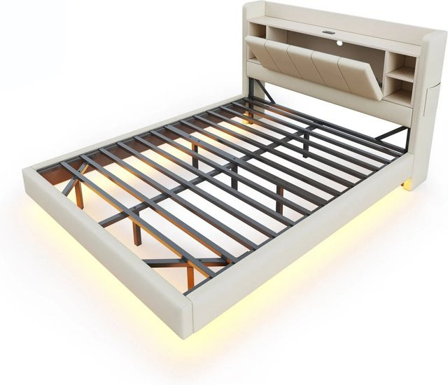 Merax Polsterbett in Beige mit USB-Anschluss, LED-Unterbettbeleuchtung und Ablagefach, B/T/H: 160 x 200 x 105 cm - Bild 1
