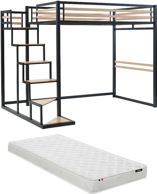 Vente-unique Hochbett Jogui in Schwarz im Industriestil aus Metall und MDF, Höhe: 260,5 cm, Breite: 140 cm, Tiefe: 200 cm - Bild 1