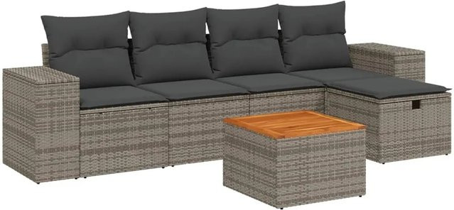 vidaXL 6-teilige Garten-Sofagarnitur in L-Form aus Polyrattan mit Kissen und Ottoman, Grau - Bild 1
