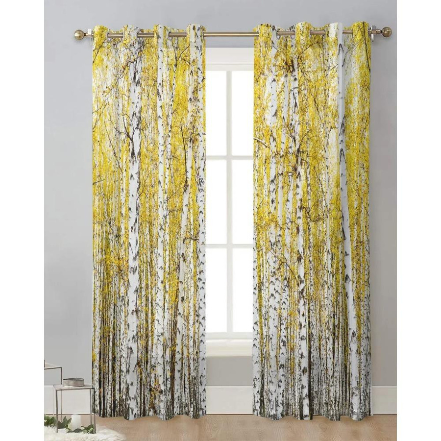 Yiran Furniture Transparente Voile-Vorhänge mit Gelbbirke-Pflanzenmuster in Weiß, Breite: 135 cm, Höhe: 115 cm - Bild 1