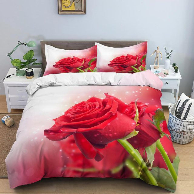 Bettwäscheset Your Warm Home mit 3D-Blumendruck aus Polyester in Rot, bestehend aus Bettbezug und Kissenbezügen, Breite: 135 cm, Höhe: 200 cm, Kissenbezug: 50 x 70 cm - Bild 1