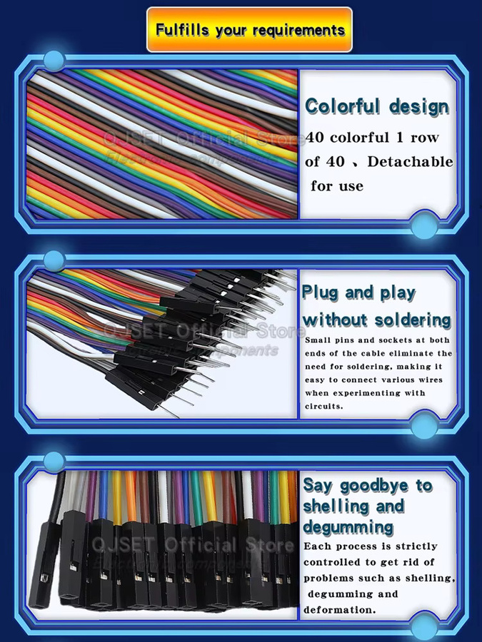 QJSET Dupont Jumper-Kabel Set für Arduino DIY, 40-Pin, Multicolor, verschiedene Konfigurationen (Stecker auf Stecker, Buchse auf Stecker, Buchse auf Buchse) - Bild 4