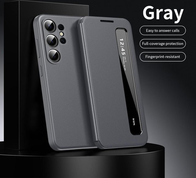 Samsung Galaxy S24 Plus Business Leder Smart Clear View Cover Schutzhülle in Grau - Bild 1