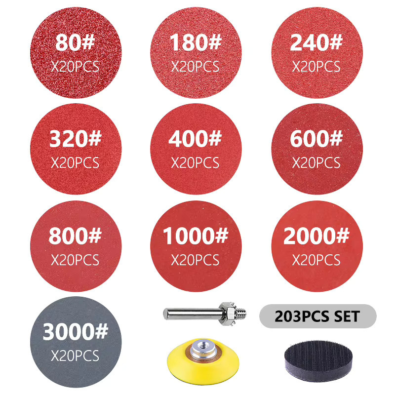 XCAN Schleifpads Kit mit Stützplatte für Bohrschleifer und Drehwerkzeuge, 203 Stück, 50 mm Durchmesser, Körnung 80–3000 - Bild 5