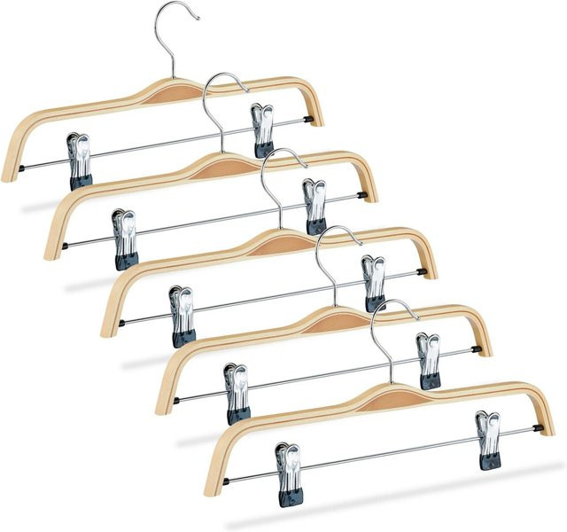 Relaxdays Hosenbügel 5er Set aus Holz in Braun mit verstellbaren Clips und drehbarem Haken, B/T/H: 37,5 x 17 x 2,5 cm - Bild 1