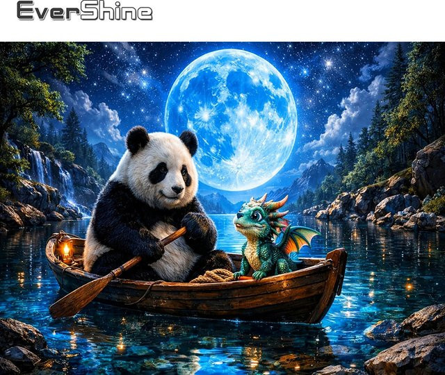 EverShine 5D Diamant-Mosaik Wandkunst Panda mit Mond und Landschaft als quadratisches Strass-Stickerei-Set in Multicolour, Breite: 30,0 cm, Höhe: 30,0 cm - Bild 1