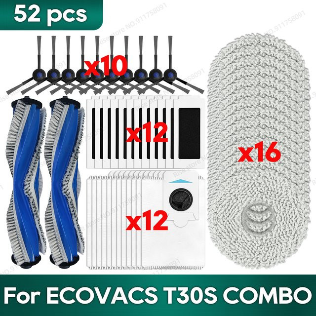 OSSIEAO Zubehör-Set für Ecovacs Deebot T30S, T30S Pro, T30S Pro Omni und T30S Combo mit Hauptseitenbürsten, Filtern, Mopps und Staubbeuteln, Multicolor - Bild 1