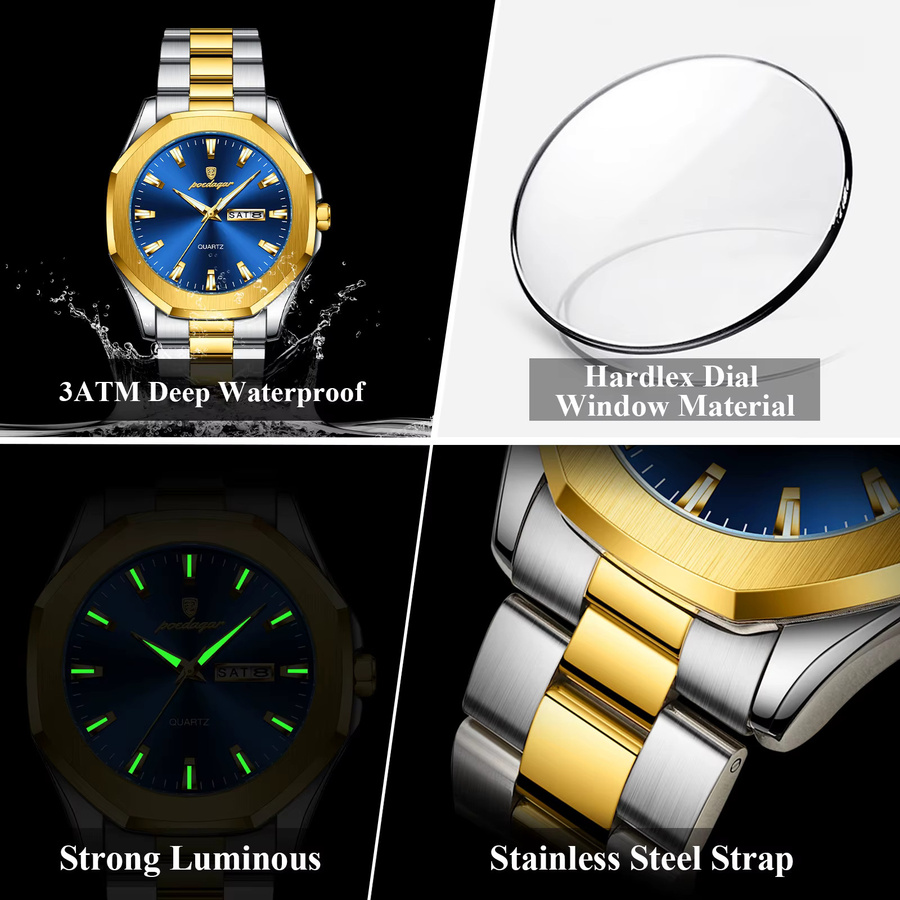 POEDAGAR Armbanduhr Edelstahl, Quarz, Schwarz, Herren - Bild 3