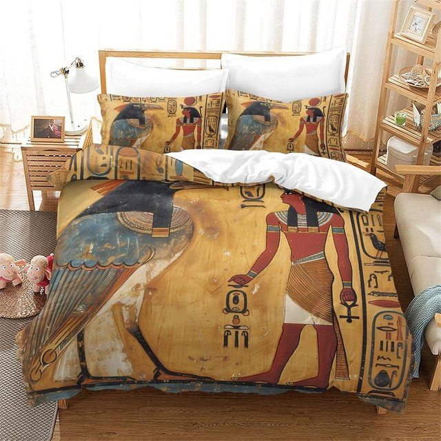 Flylo 2-teiliges Bettwäsche-Set mit ägyptischem Design in Beige, bestehend aus einem Doppelbettdeckenbezug und Kissenbezügen aus Mikrofaser mit Reißverschluss, B/H: 133 x 70 cm - Bild 1