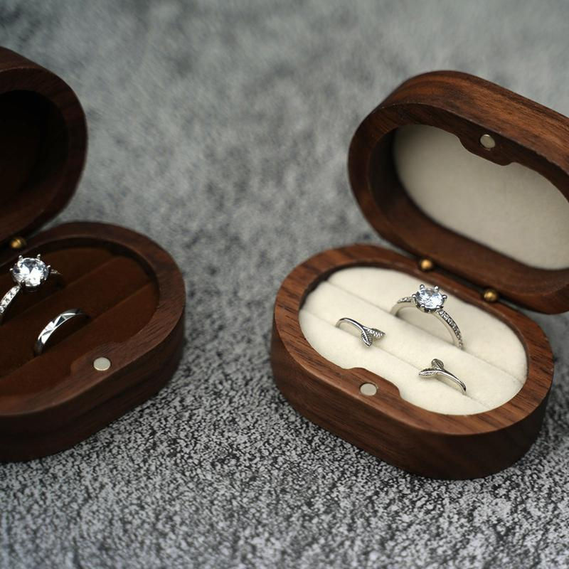 Wucifang Jewelry Verlobungsringbox aus Schwarznuss-Massivholz, ovaler Ringorganisator in Schwarz und Braun für Hochzeit und Heiratsantrag - Bild 2