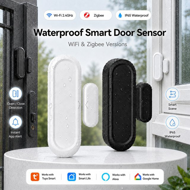 Tuya Zigbee WiFi Magnetsensor IP65 wasserdichter Tür- und Fenstersensor für Smart Home Automatisierung in Weiß - Bild 1