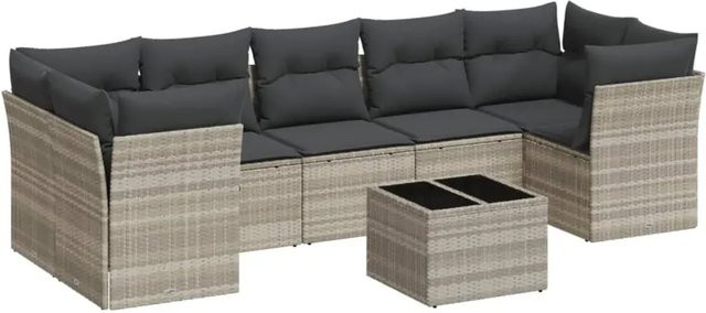 vidaXL 8-tlg. Garten-Sofagarnitur in L-Form aus Poly-Rattan mit Kissen und Couchtisch, Hellgrau - Bild 1