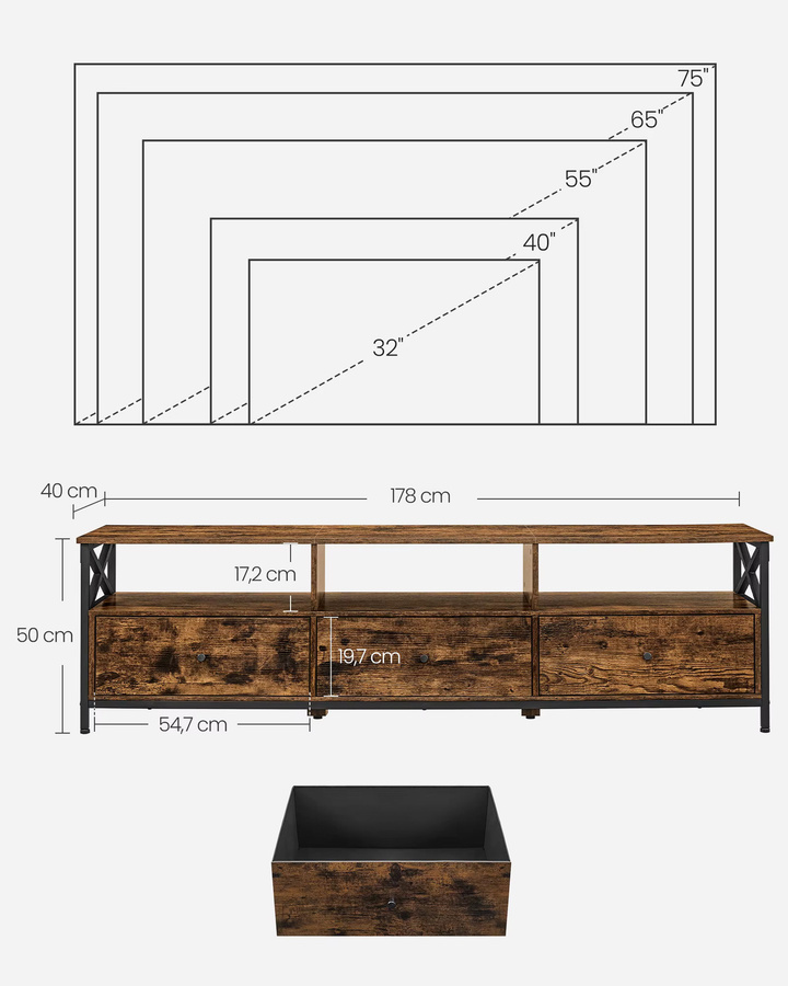 VASAGLE TV-Schrank Lowboard im Industrial Design mit 3 Stoffschubladen und 3 offenen Fächern in Schwarz-Braun Matt für Fernseher bis zu 80 Zoll - Bild 3