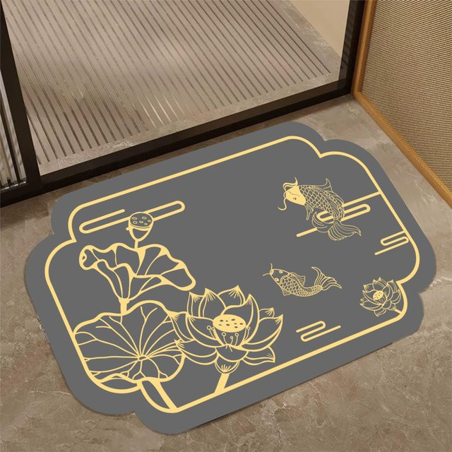 Wasserabsorbierender Diatomeenerde Toilettenvorleger mit Lotus-Koi-Motiv, rutschfest, grau, B/T: 60 x 40 cm - Bild 1