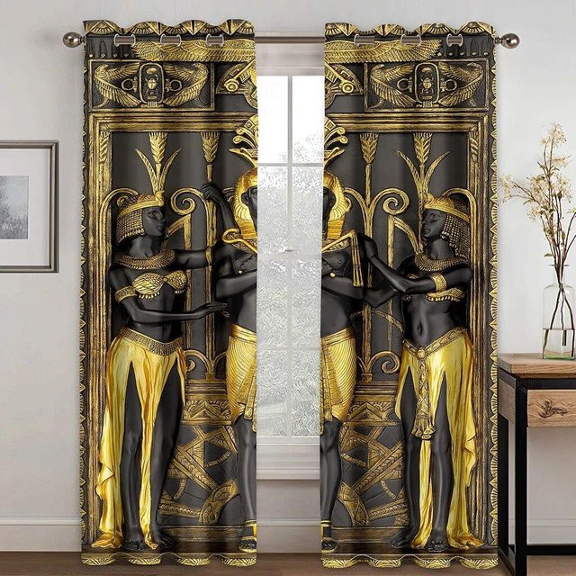 A Family Of Home Textiles Retro Barock Vorhang Set mit Ägyptischem Pharaonen-Motiv, 2 Stück transparente Schattierungsvorhänge aus Polyester in Gold, Breite: 65 cm, Höhe: 165 cm - Bild 1