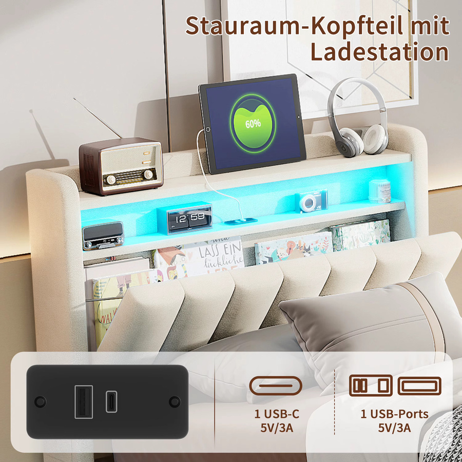 HYNHXBP Stauraumbett mit hydraulischem Lift-up-System in Beige, gepolstertes Bettgestell mit vertikal gestreiftem Kopfteil und integriertem Ablagefach, Breite: 90 cm, Tiefe: 200 cm - Bild 3