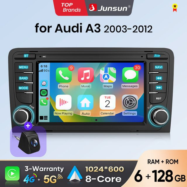 Junsun 7 Zoll Wireless CarPlay und Android Auto Autoradio für Audi A3 8P S3, GPS, WiFi, 4G, Schwarz - Bild 1