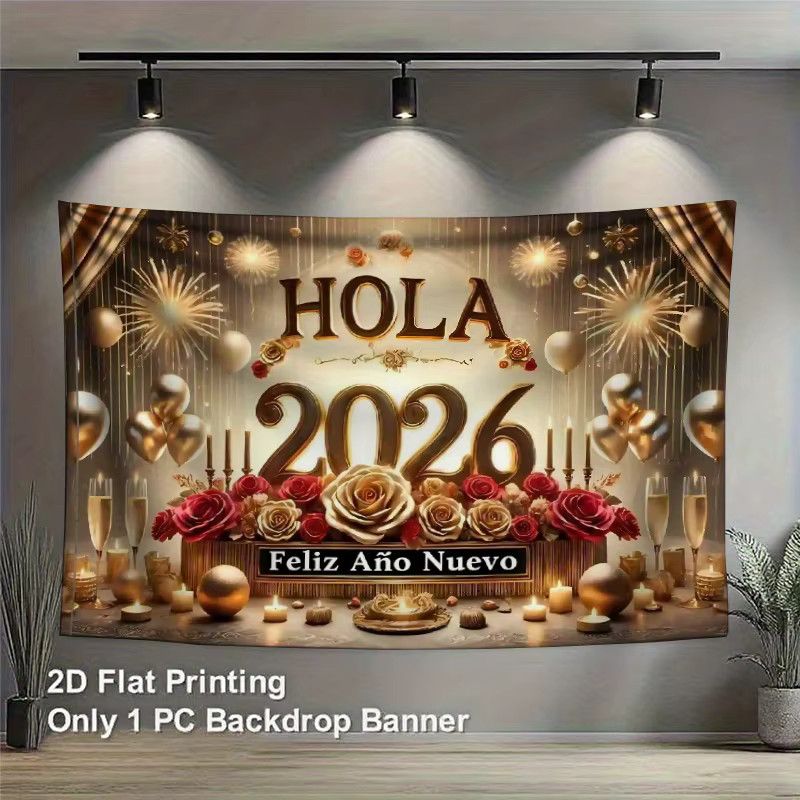 VIKAMA Wandteppich Neujahr 2026 mit goldenen Rosen und Feuerwerk, Stoff-Hintergrund für deine Neujahrsparty, B: 60,0 cm, H: 40,0 cm - Bild 2