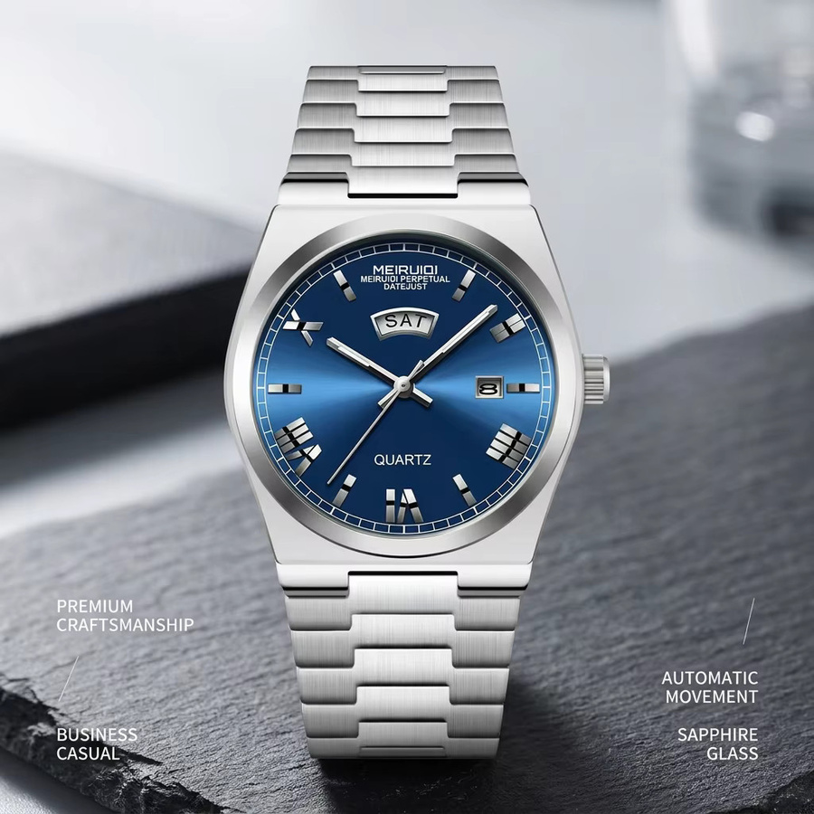 MEIRUIQI Armbanduhr, Quarz, blaues Zifferblatt, Edelstahl, Herren - Bild 6