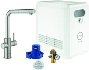 Grohe Spültisch-Einhebelmischer Blue Professional L-Auslauf Set in Supersteel mit ausziehbarem Schwenkauslauf und Filterfunktion, Silber - Bild 1