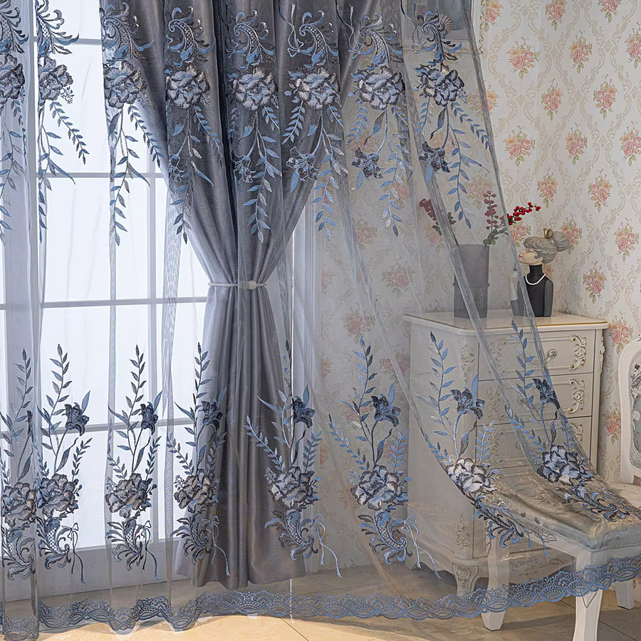 CENTURyMiG Blumenvorhang im nordischen Stil mit floraler Stickerei, zweilagig in Grau und Transparent, B: 100 cm, H: 130 cm - Bild 3