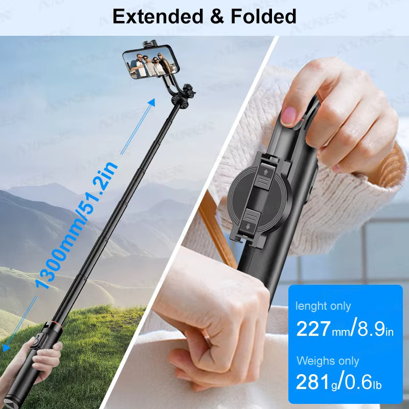 AXNEN C20 Magnetisches Selfie-Stick-Stativ in Schwarz mit Fernbedienung und 1/4-Zoll-Gewinde für Handy-Aufnahmen und Action-Kameras - Bild 4