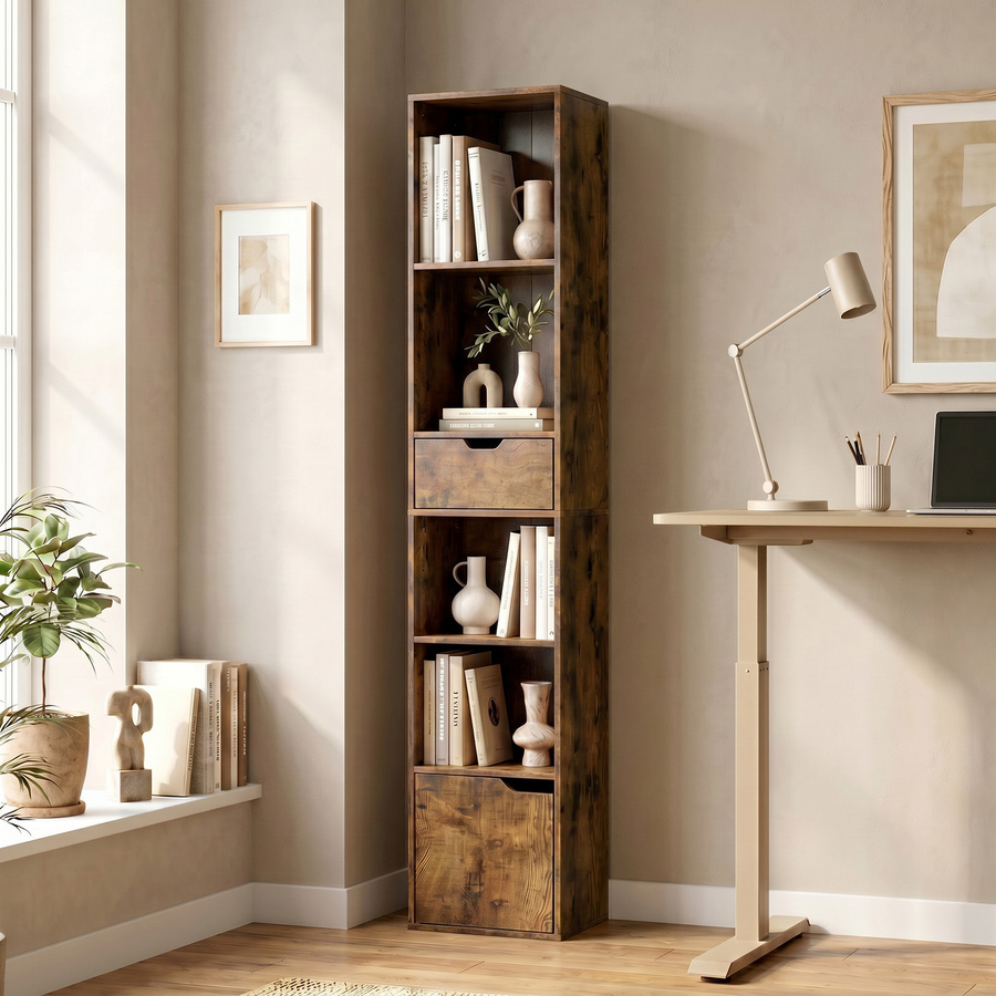 Aosom HOMCOM Bücherregal mit 6 Ebenen und Schublade, schmaleres Standregal mit verstellbaren Ablagen und Schranktür, Braun, B/T/H: 30 x 24 x 158 cm - Bild 2