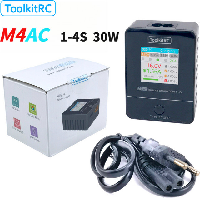 ToolkitRC M4AC Akku-Ladegerät 30W für 1-4S Lipo LiHV mit IPS-Display und XT30/XT60 Schnittstelle in Schwarz - Bild 1