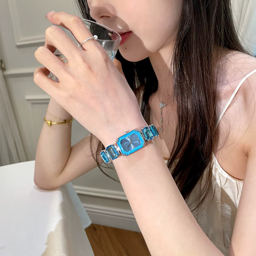 CILOA Armbanduhr Edelstahl, Quarz, eckig, Diamantbesetzt, Damen, Blau, Pink - Bild 4