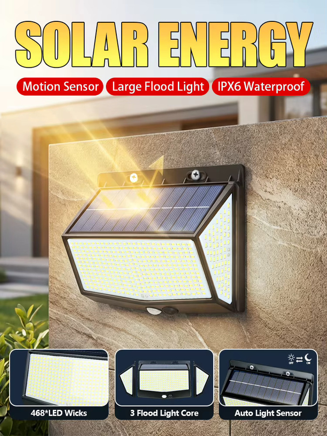 KDULIT Solar-Wandleuchte mit 458 LED, Wasserdichte Außenleuchte mit Bewegungssensor und 3 Modi, Weiß - Bild 7