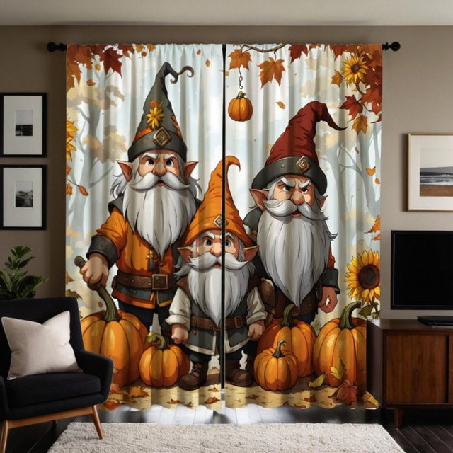 2er-Set Thanksgiving Vorhänge mit Zwergkürbis-Dekor und gelber Krawatte, Weiß, B: 132 cm, H: 160 cm - Bild 1